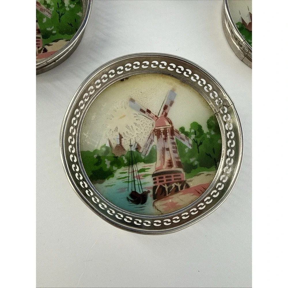 Vintage Porcelain Glass 4 Coasters Hand Painted Windmill Scene Metal Rim